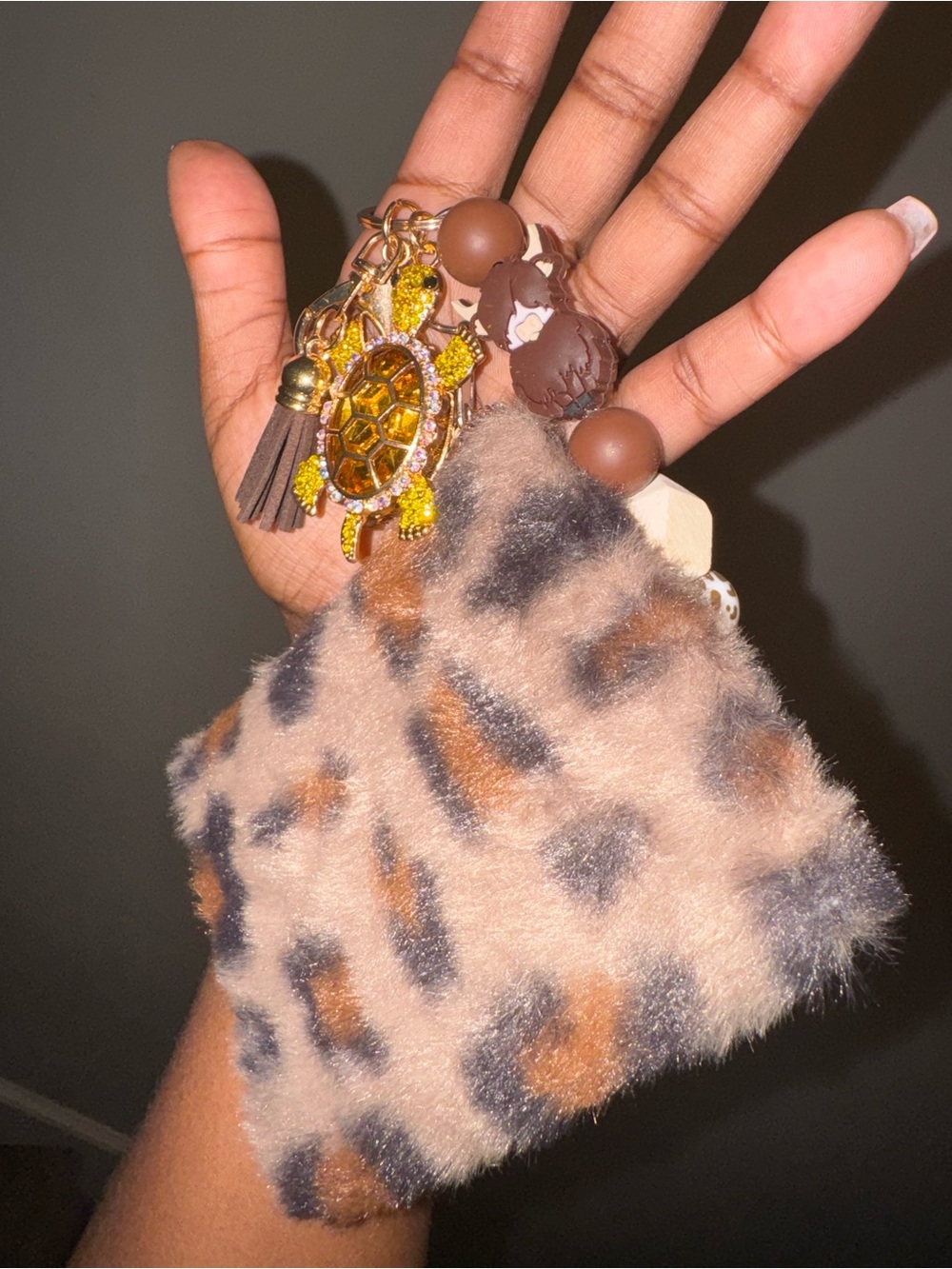 Fuzzy Leopard Print Wristlet Keychain with Turtle Charm